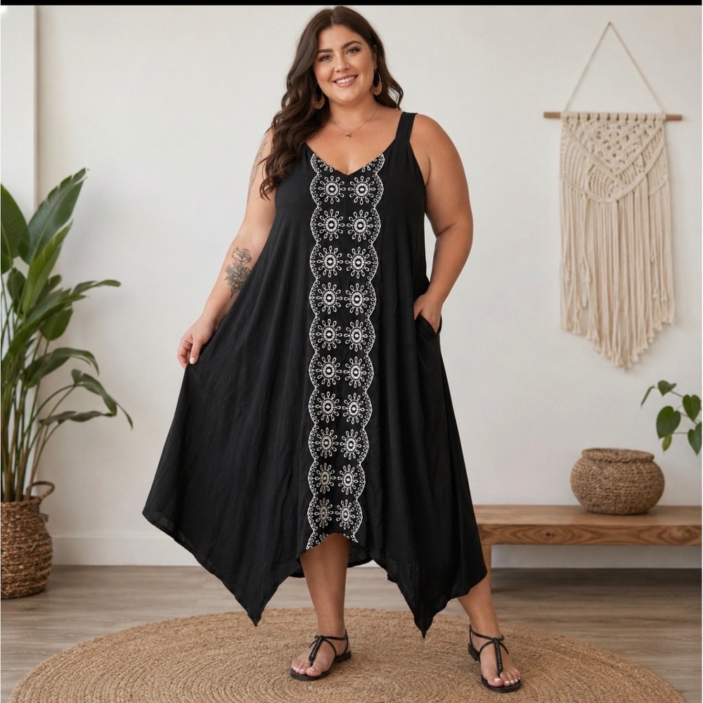 Black Embroidered Eyelet Handkerchief Hem Midi Dress Plus 3X‎ NWT Boho Costal